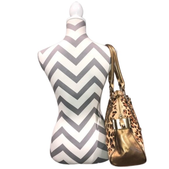 Betsey Johnson Vintage Leopard Print Fur and Metallic Gold Large Shoulder Bag - Picture 3 of 14